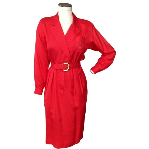 Liz Claiborne 100% Silk Shirt Dress Embroidered Pocket Belted Petite 6 Red #189A - Picture 2 of 13